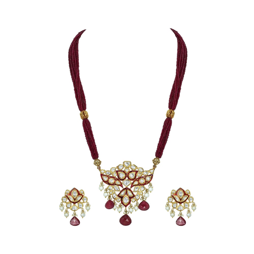 Red Enamel Polki Pendant Set with Tourmaline and Pearl Drops